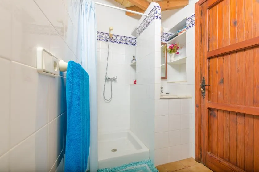 A tiled bathroom with a shower, a blue towel, and a wooden door.
