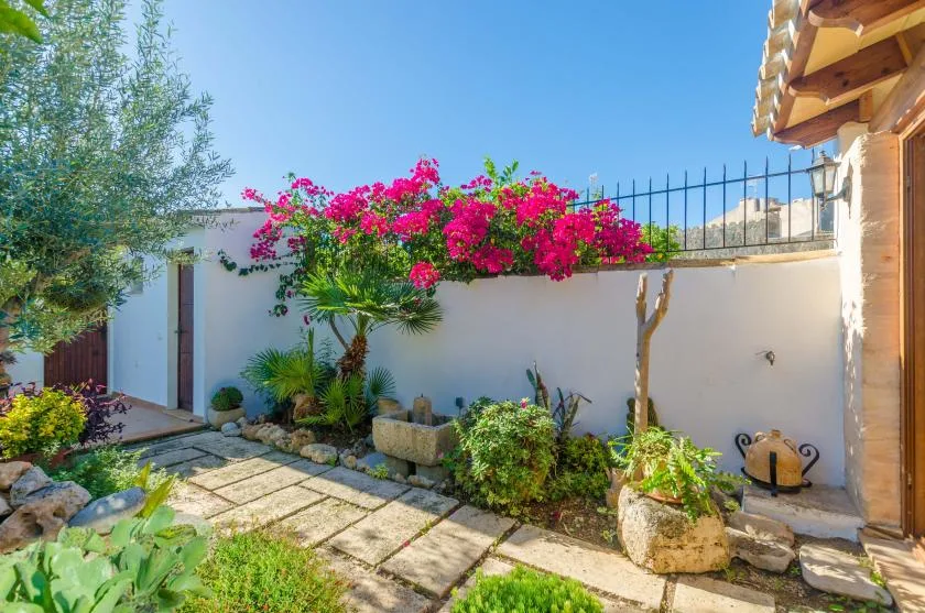 A garden patio with a stone-paved path and flowering bougainvillea.