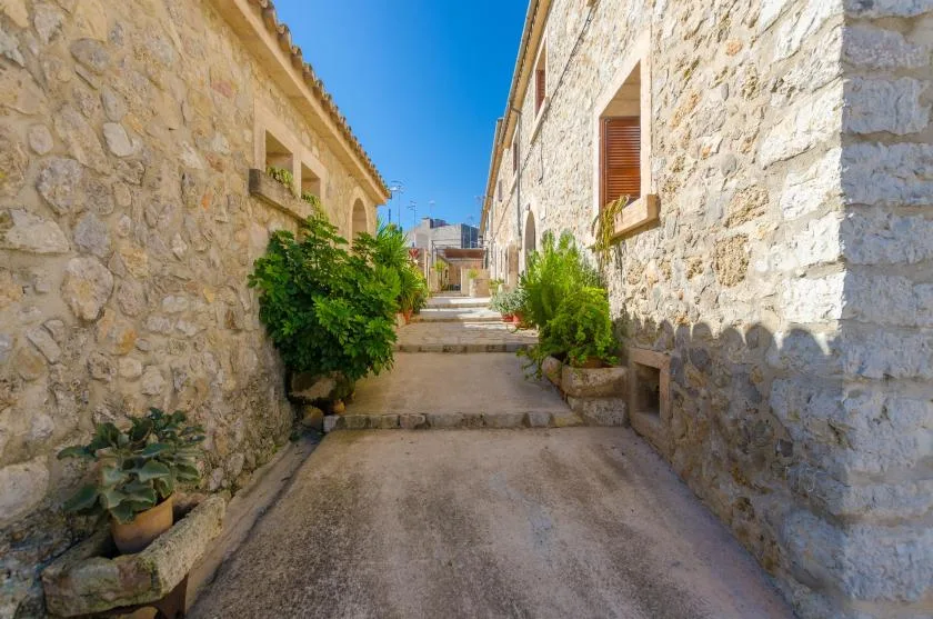 A narrow stone-paved lane runs between stone buildings, with potted plants along the walls.