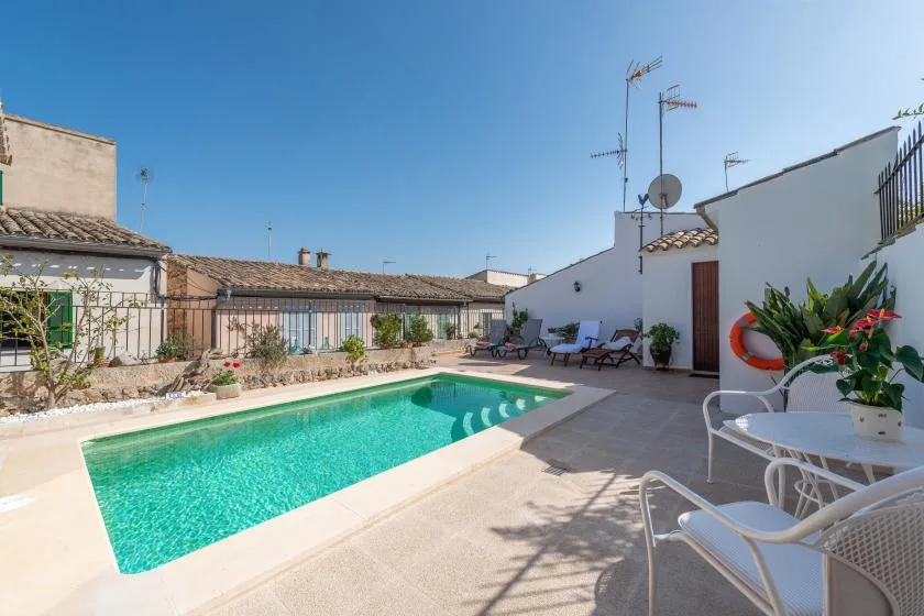 A sunny pool patio with seating and potted plants.