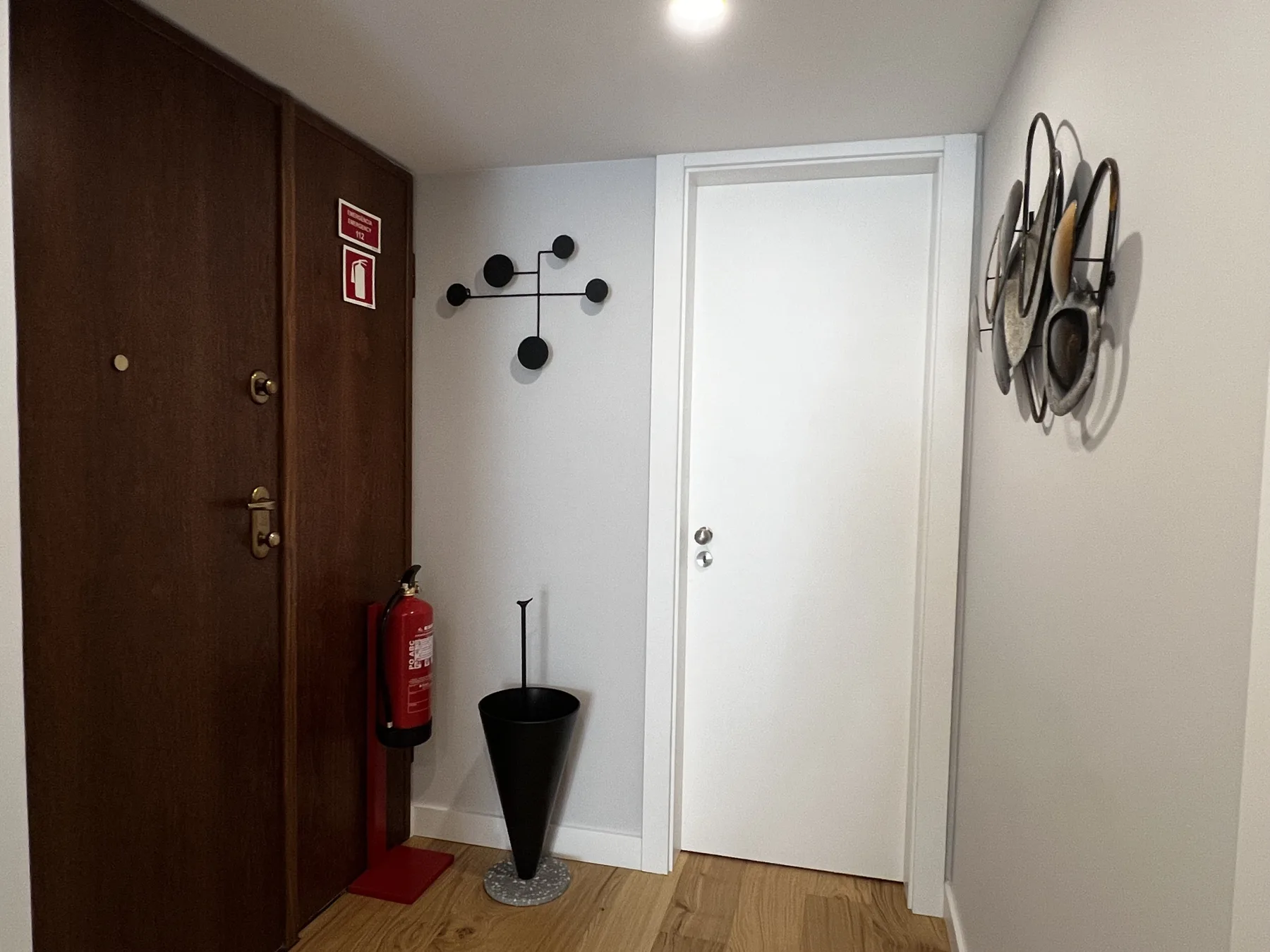 An indoor entry area with a dark wooden door, a white door, and wall decor.