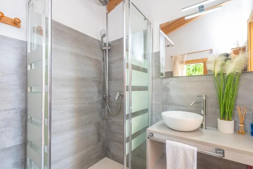 A bathroom with a glass shower and a countertop basin.