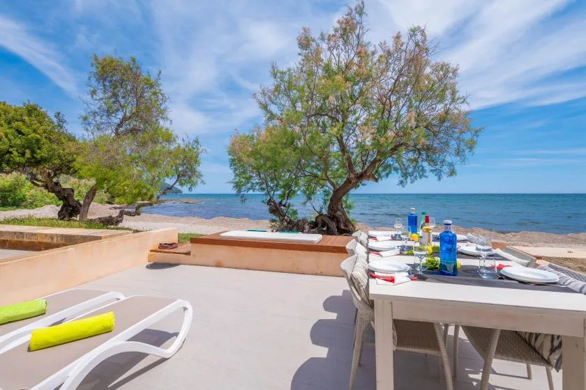 An outdoor dining terrace beside the sea, with a table set under a leafy tree.