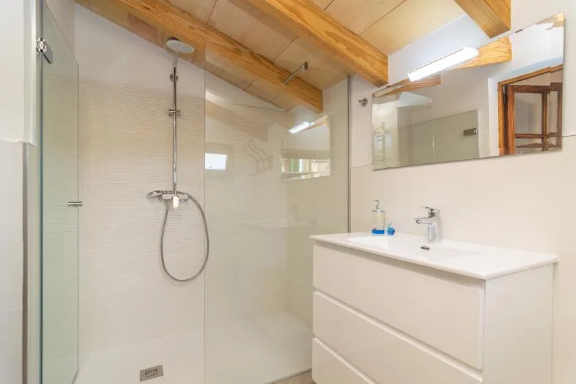 Un baño luminoso con una ducha de vidrio y un lavabo blanco.