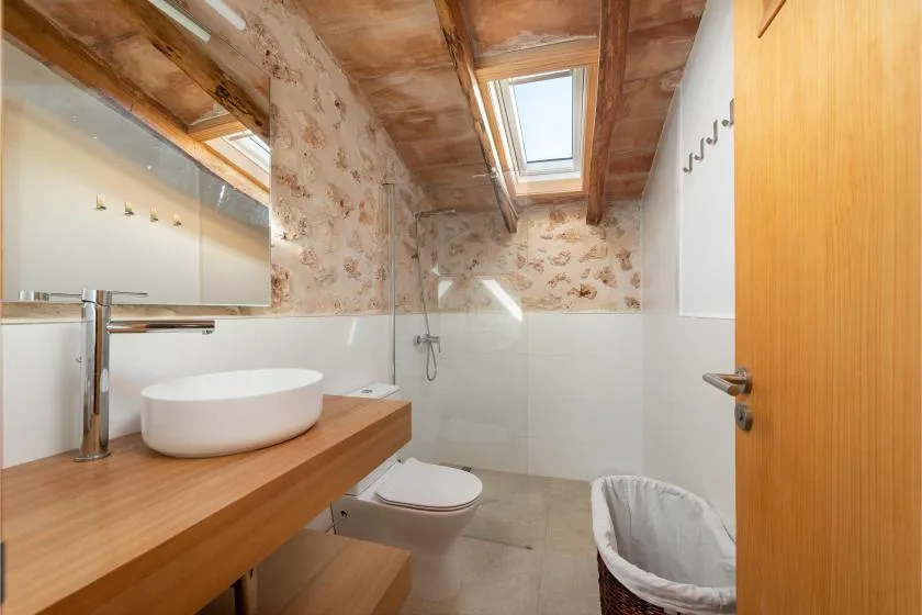 Un baño con lavabo de recipiente, inodoro y tragaluz bajo un techo inclinado.