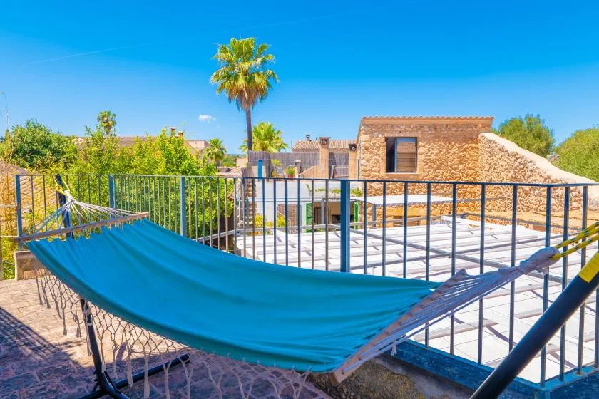 Una terraza en la azotea con una hamaca y una palmera bajo un cielo azul despejado.