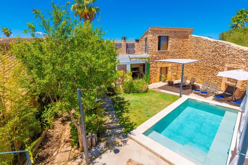 Un patio con piscina, asientos y vegetación alrededor.