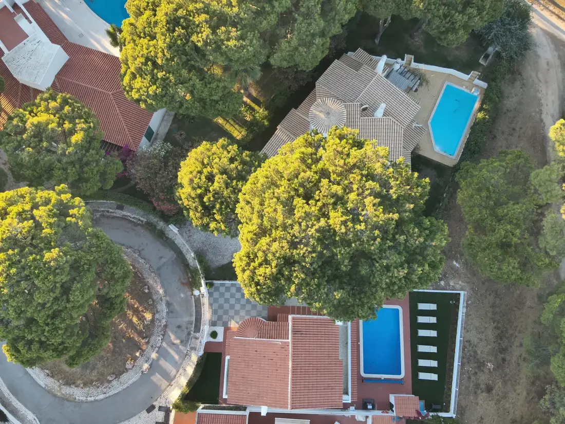 An aerial view shows villas and swimming pools among mature trees.