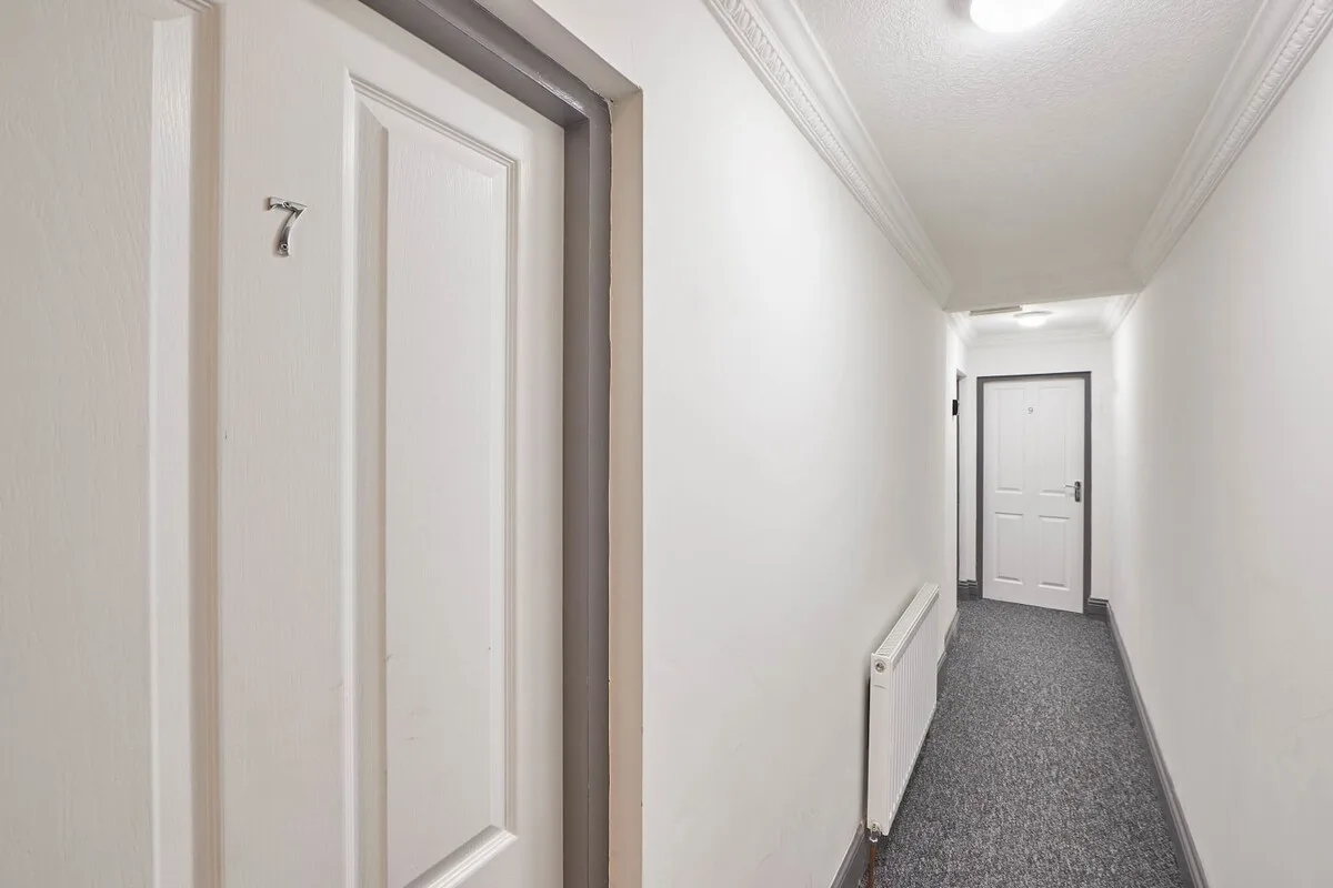 A bright hallway with white doors, a gray carpet, and a wall radiator.