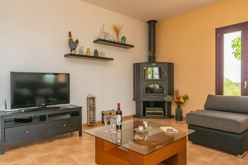 Una sala de estar con televisor, estufa de leña y mesa de centro de vidrio.