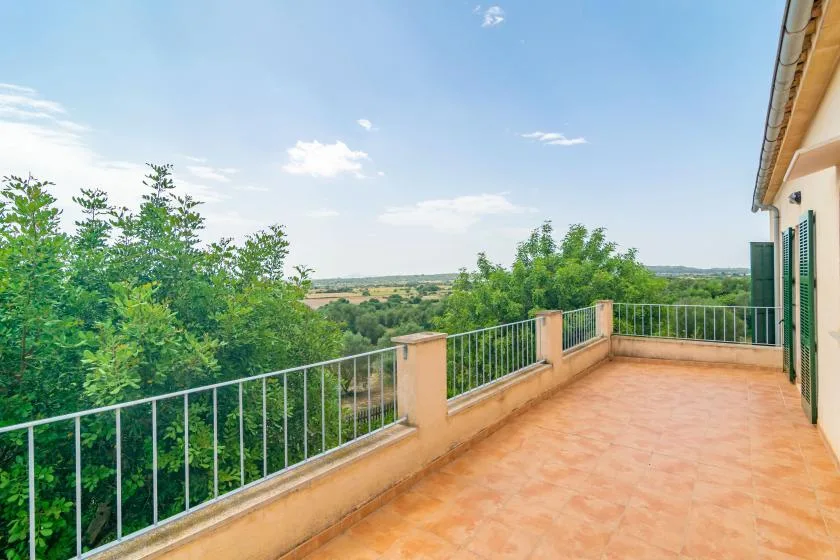 Una terraza de baldosas da a árboles verdes y campo abierto.