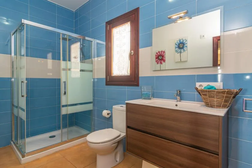 Un baño con ducha de vidrio, inodoro y mueble de lavabo bajo un espejo.
