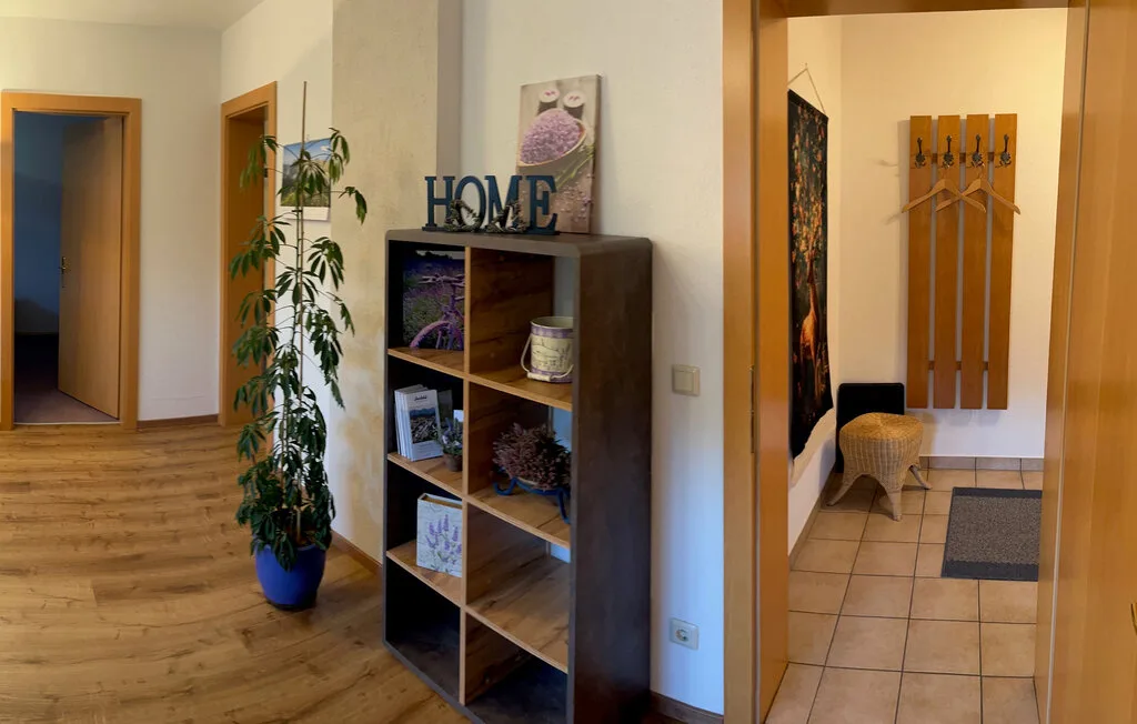 Una entrada con una estantería de madera y una planta en maceta junto a un pasillo embaldosado.