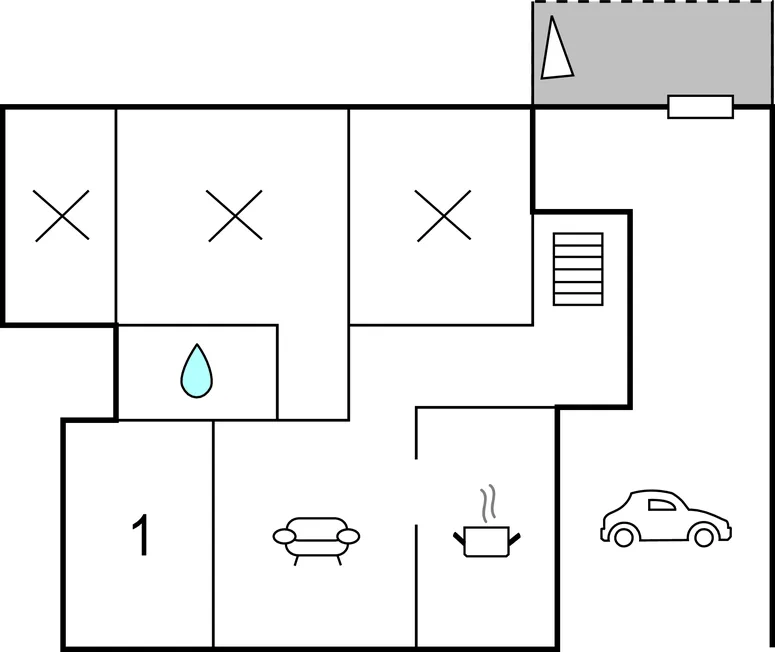 Un plano sencillo muestra contornos de habitaciones, símbolos de muebles y un automóvil.