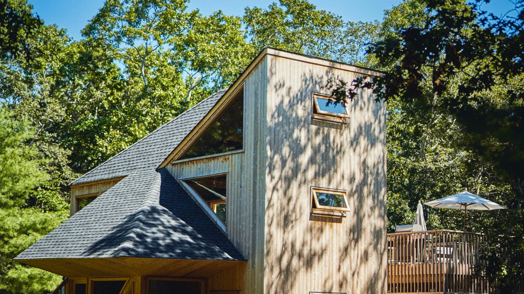 Una casa moderna con techo inclinado está rodeada de árboles frondosos.
