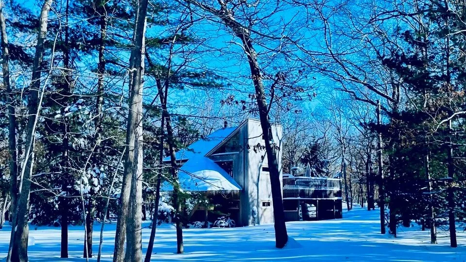Una casa moderna se encuentra entre árboles en un paisaje cubierto de nieve.