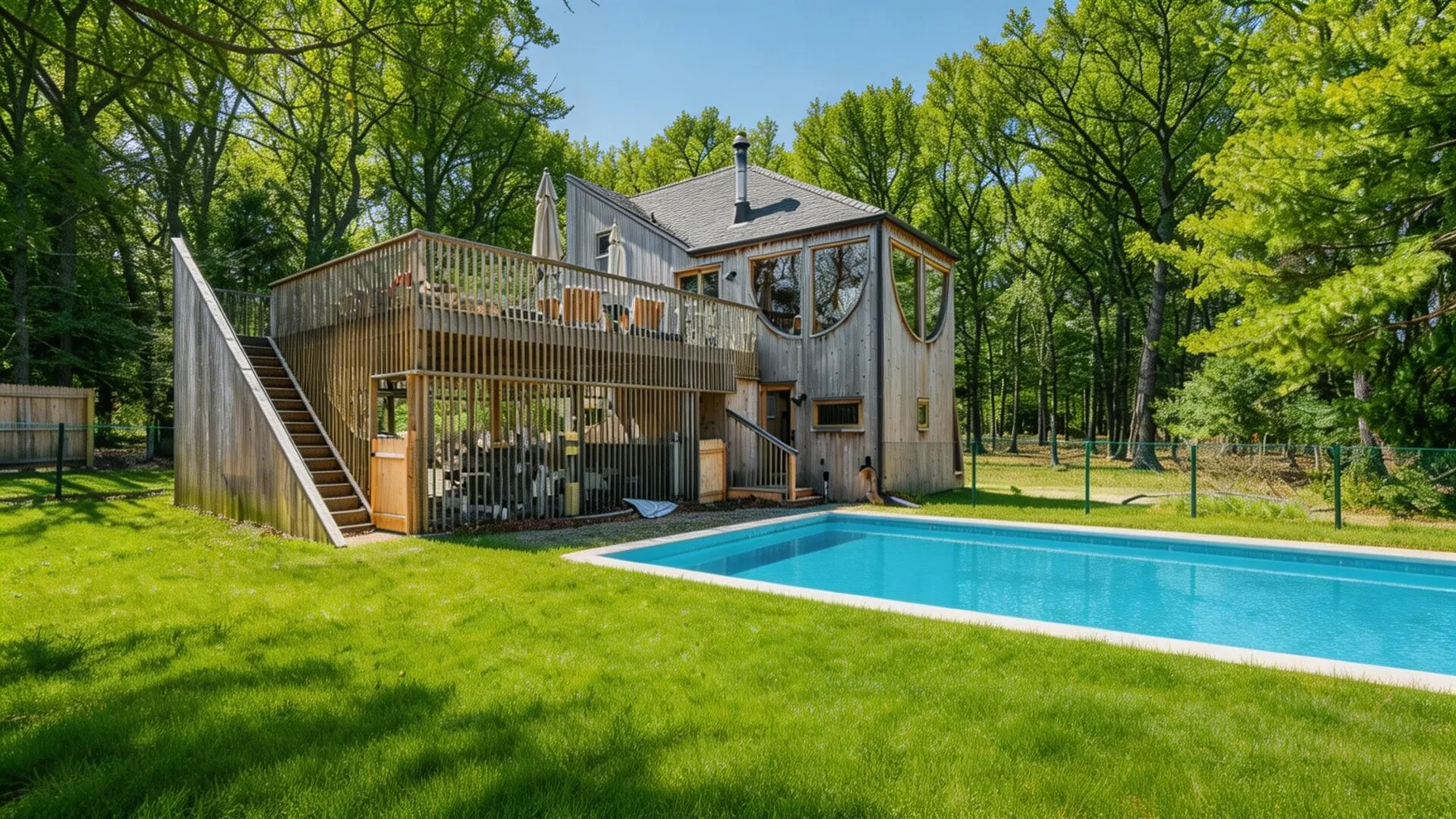 Un patio arbolado con piscina y una casa con una terraza elevada.