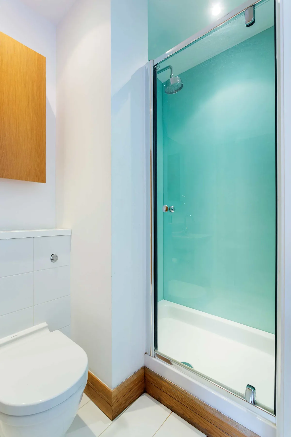 A bathroom with a toilet beside a glass shower.