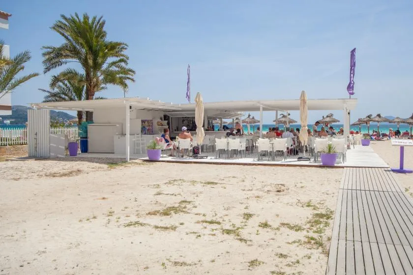 An outdoor dining area beside a sandy beach, with palm trees and tables under a canopy.