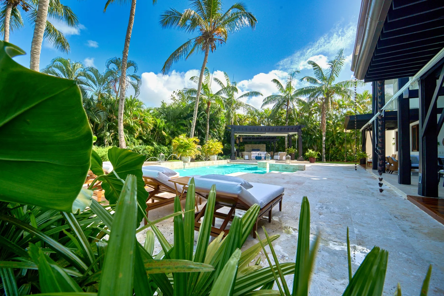 A tropical pool courtyard with lounge seating, lush plants, and palm trees.