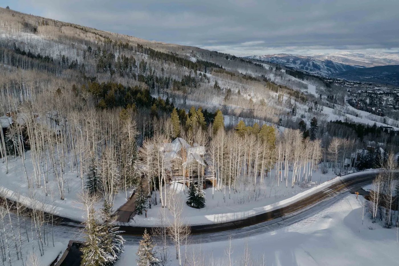 A snow-covered mountain landscape with a winding road through a stand of trees.