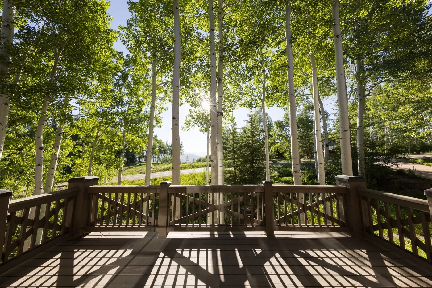A wooden deck overlooks a leafy wooded area.