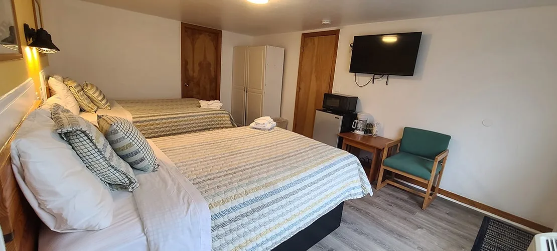 Habitación con dos camas dobles y bañera