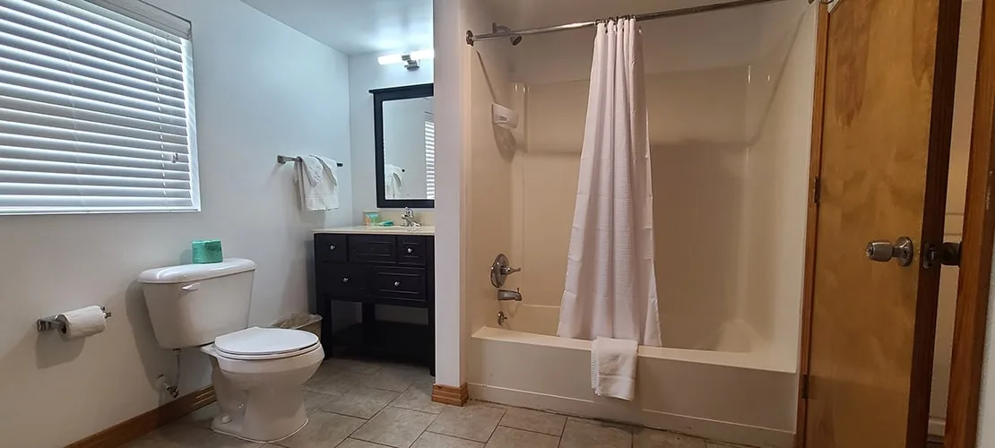 Habitación con dos camas dobles y bañera