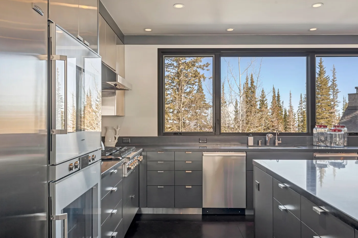 A modern kitchen with dark cabinetry, stainless steel appliances, and a wide window.