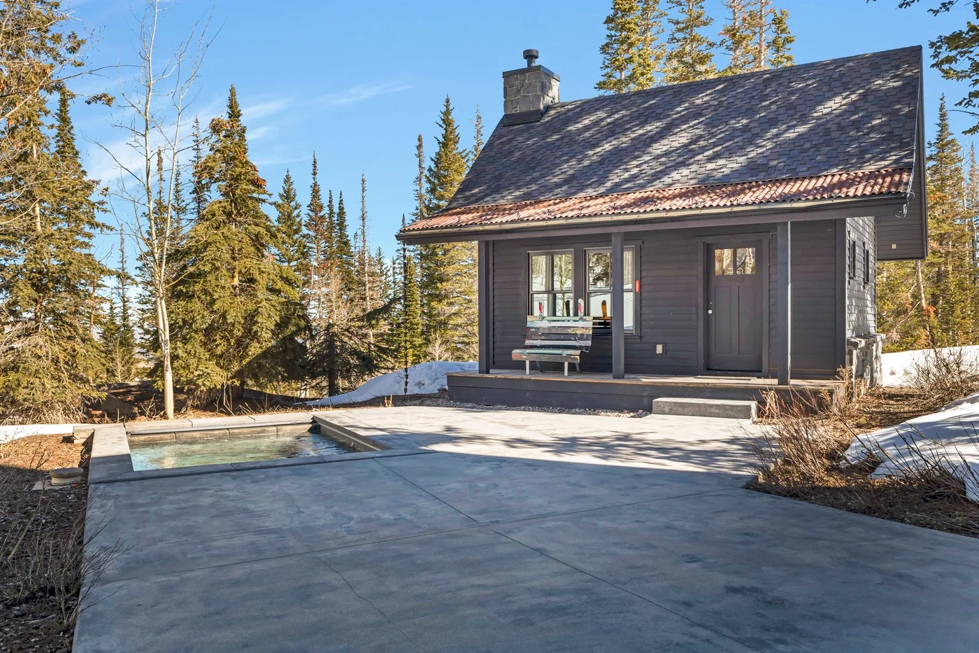 A dark cabin stands beside a paved patio and small outdoor pool, surrounded by trees.