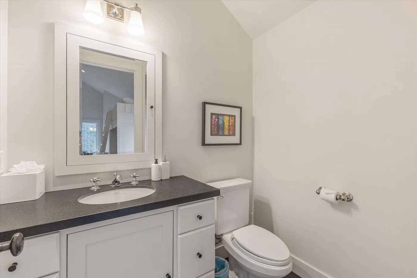 A bathroom vanity with a sink and toilet against light-colored walls.