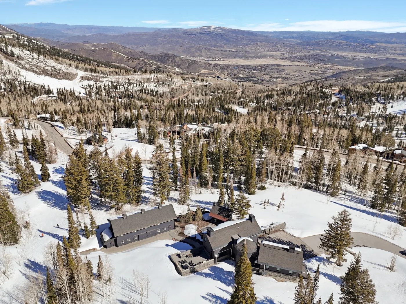 Aerial view of buildings among snow-covered trees in a mountain landscape.