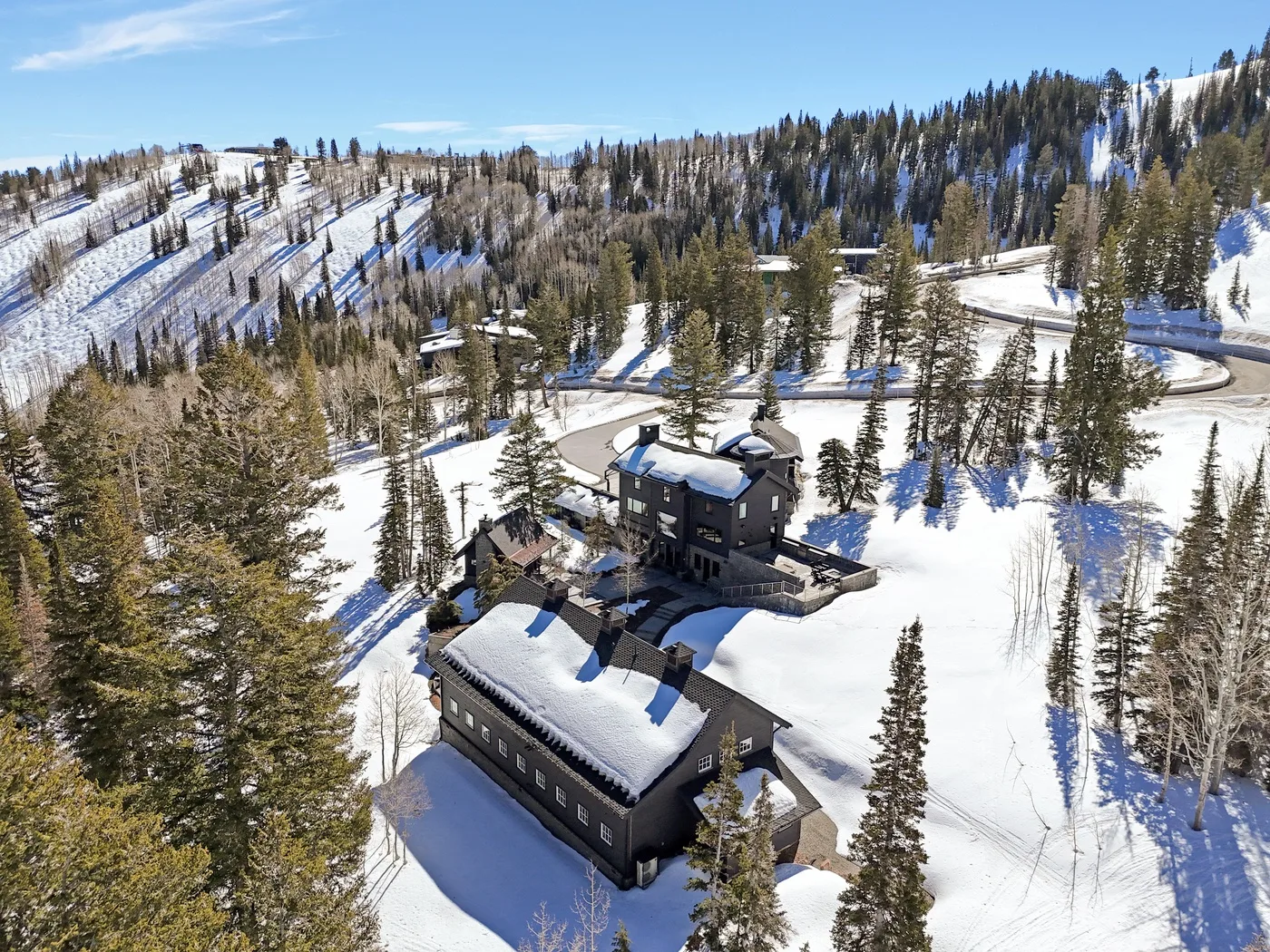 Aerial view of buildings among snow-covered evergreen trees on a mountain slope.