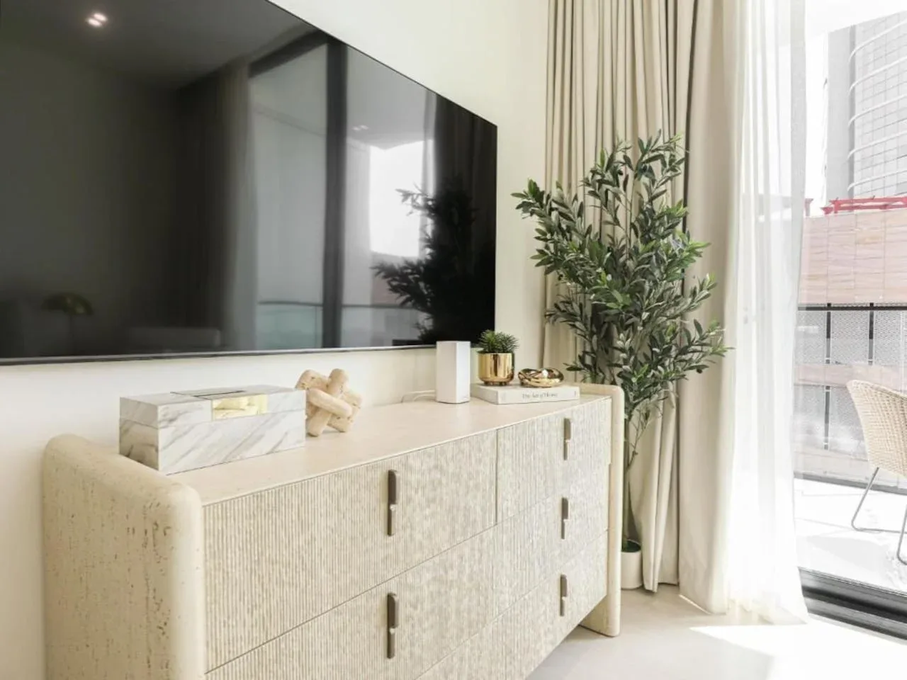 A bright living area with a television above a low cabinet and a leafy plant.