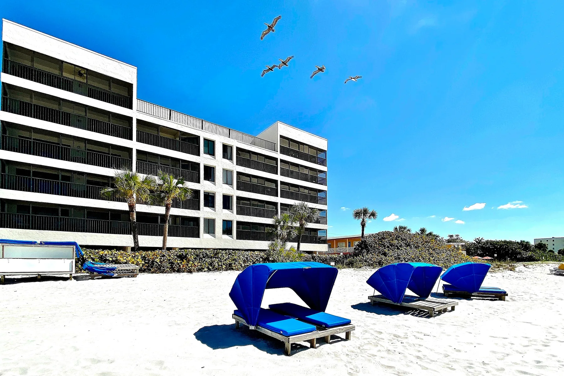 A sandy beach with blue lounge seating in front of a multi-story building.