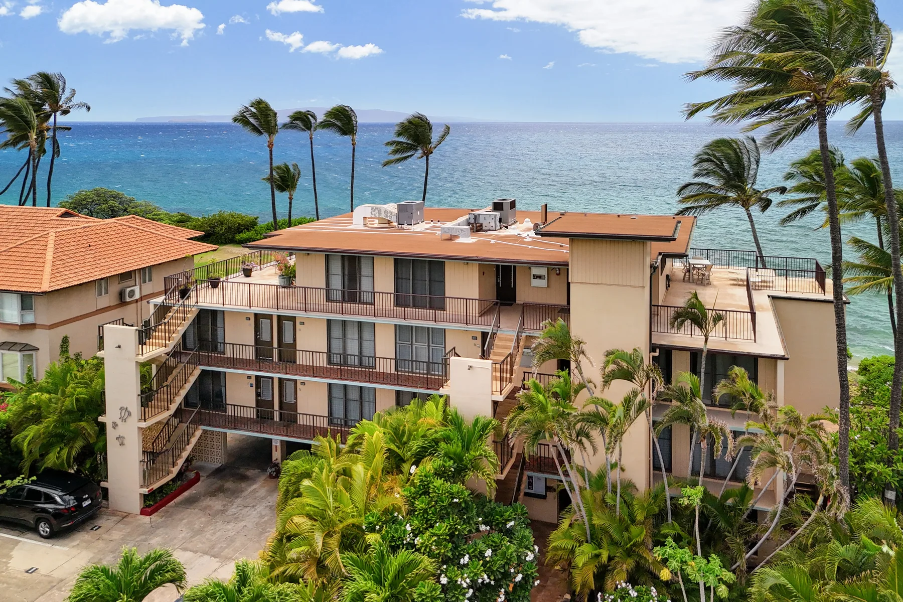 A coastal apartment building stands among palm trees beside the ocean.