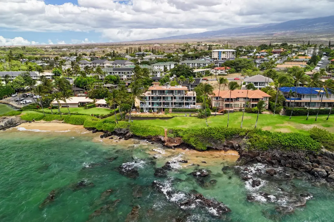 Aerial view of a coastal neighborhood with buildings along a rocky shoreline.