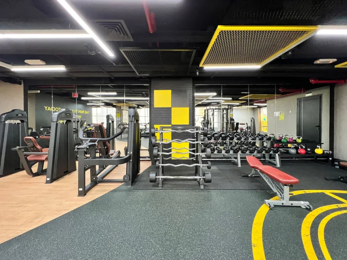 A gym with weight machines, dumbbells, and a bench.