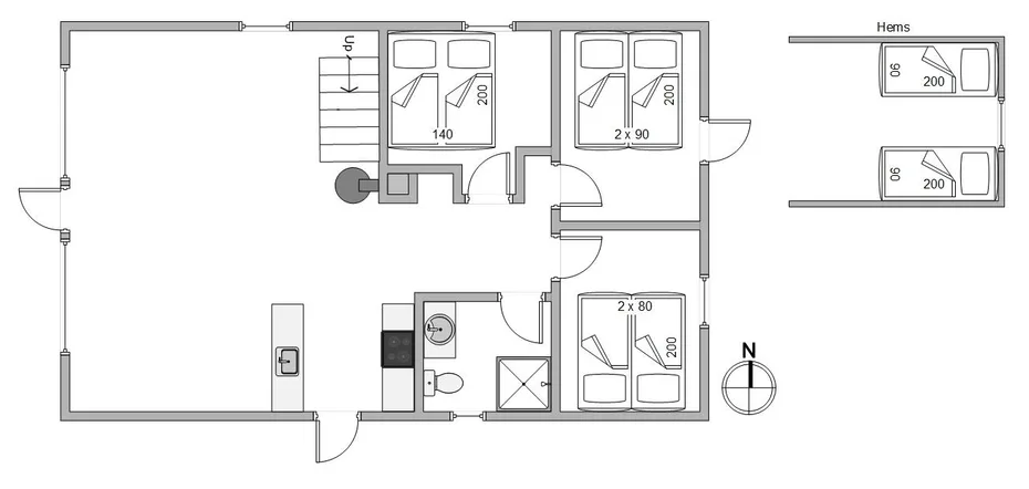 Un plano muestra una distribución con dormitorios, baños y una zona central de estar.