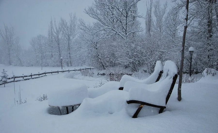Snow-covered hotel gardens