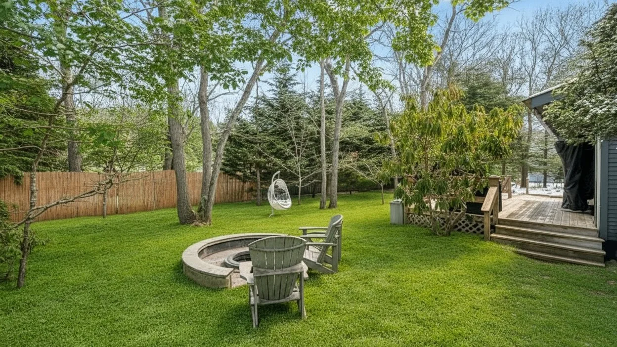 Un patio trasero con césped, una fogata circular, asientos al aire libre y una terraza de madera.