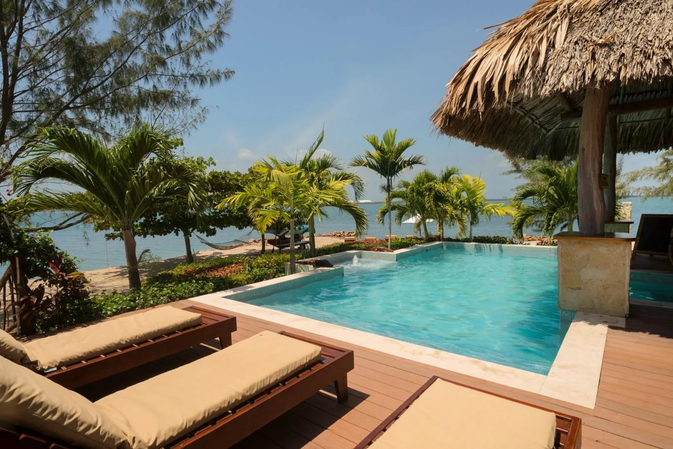 An outdoor swimming pool beside a thatched-roof seating area, with palm trees beyond.