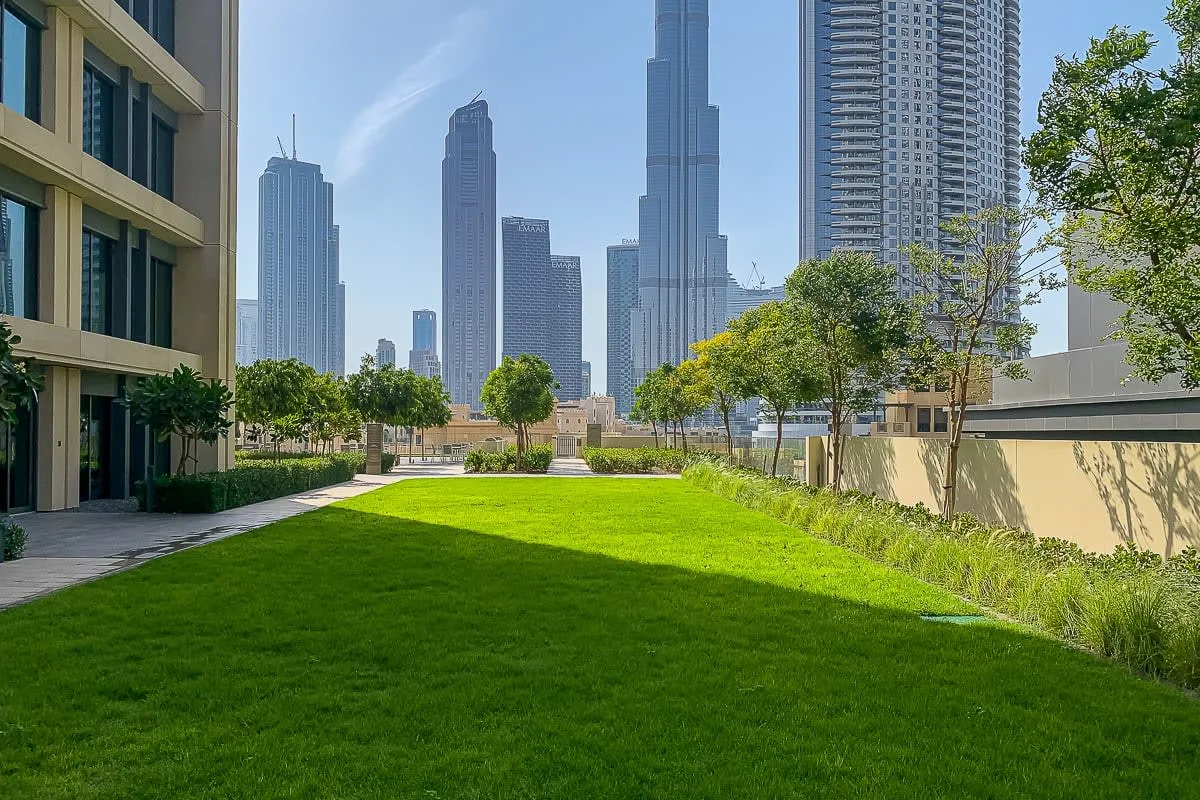 Un césped ajardinado y árboles se ven frente al horizonte de la ciudad.