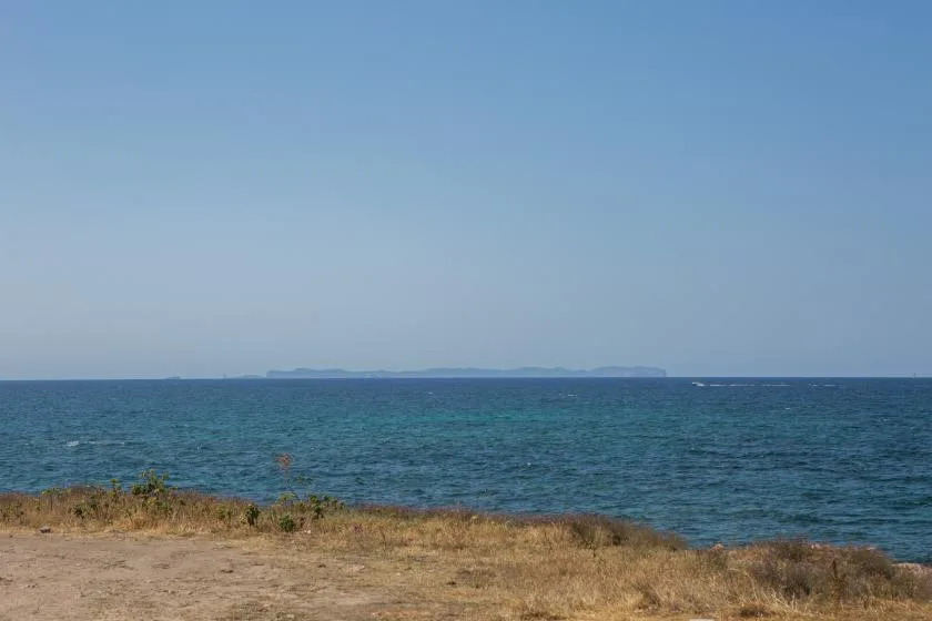 A dry grassy shoreline overlooks blue water and a distant landmass.