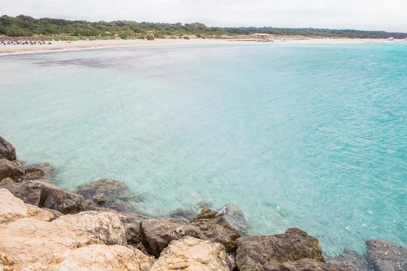 A turquoise shoreline curves beside a sandy beach and rocky foreground.