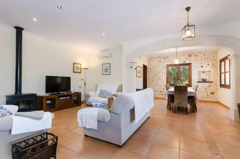 Living room and dining area with seating, a television, and a dining table.