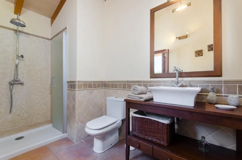 A bathroom with a shower, toilet, and a sink beneath a framed mirror.