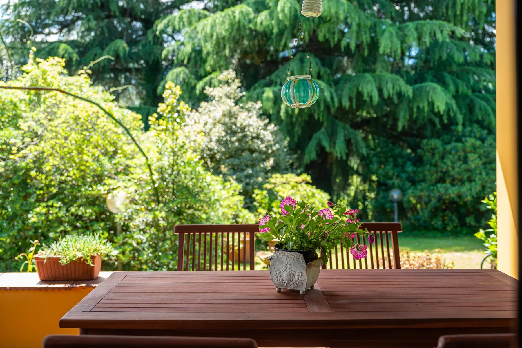 A wooden outdoor table with a potted flowering plant overlooks a leafy garden.