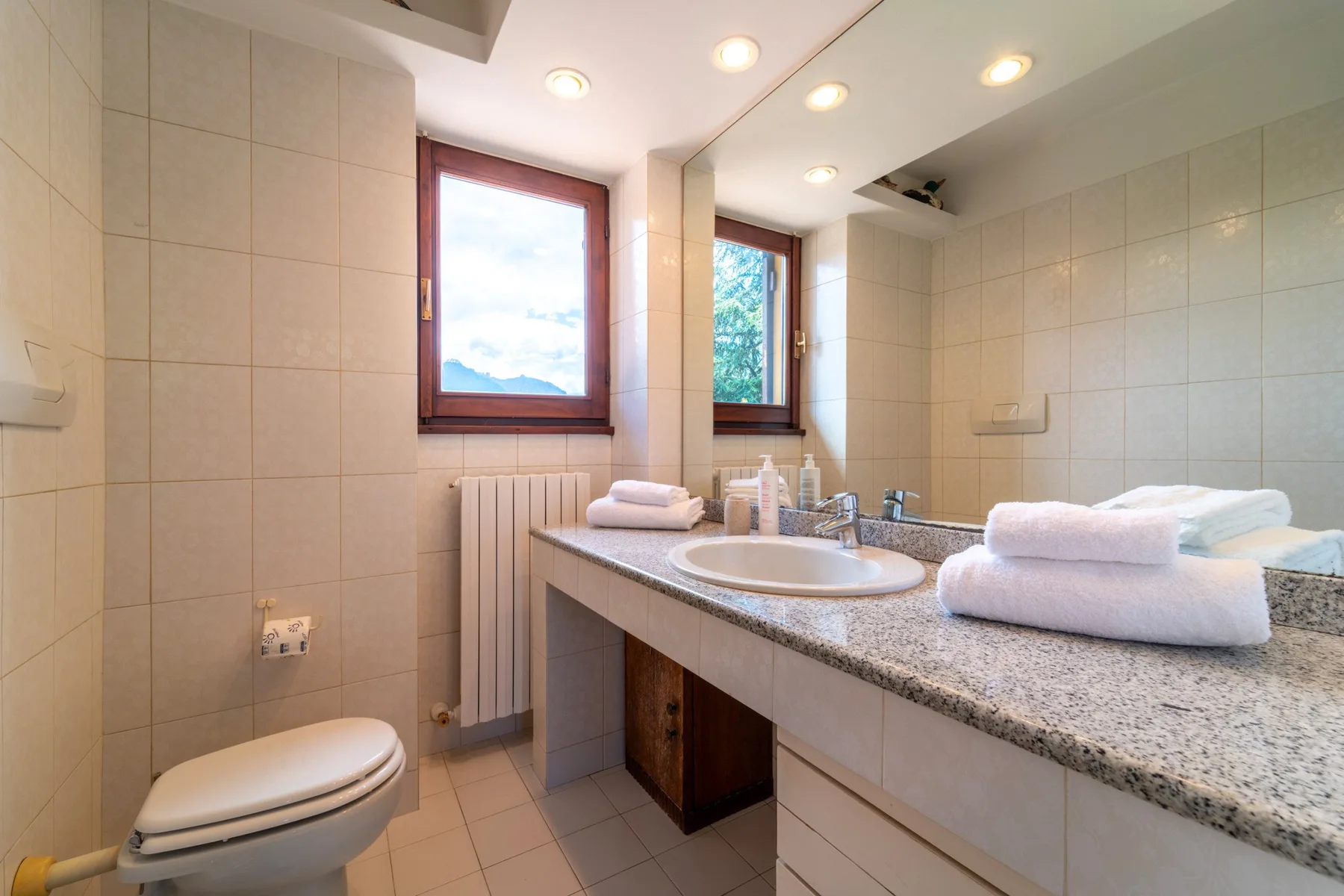 A tiled bathroom with a sink, toilet, and two windows.