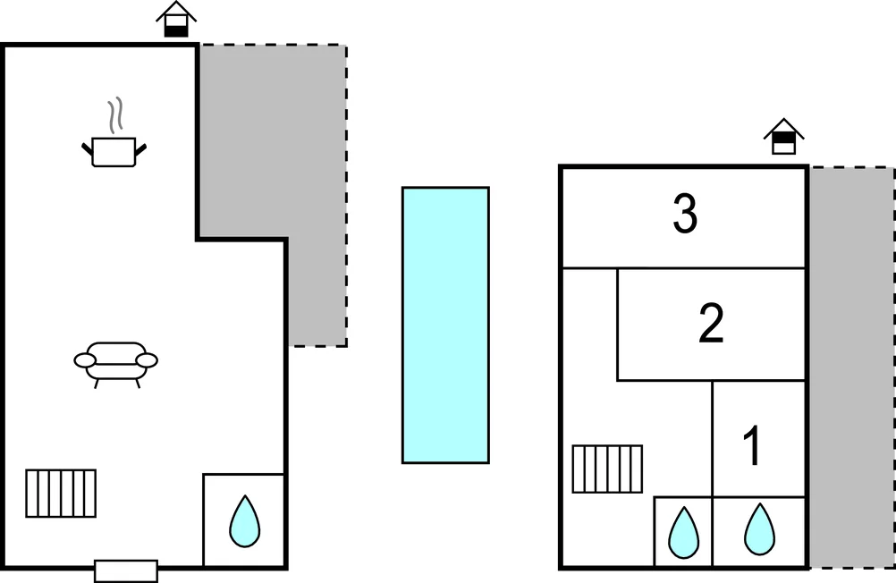 A floor plan shows a living area, bathroom, and a central rectangular feature.